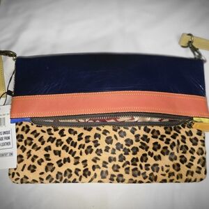 Stylish Leather Leopard Print Pony Hair and Navy Clutch NWT